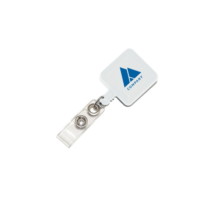 A white square retractable card holder with a clear strap and a logo.