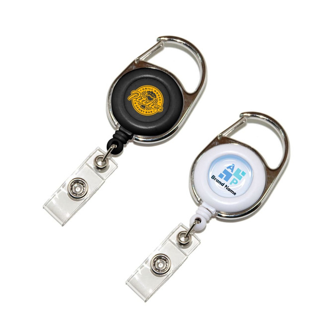 A black and a white retractable card holder with carabiner clips, featuring different logos on each.