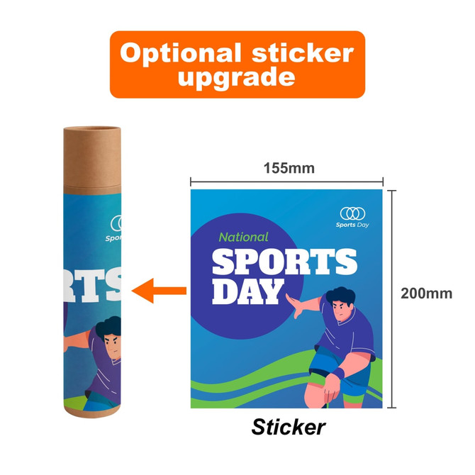 A cylindrical tube and a flat sticker featuring a colourful design with a character and the words "National Sports Day."
