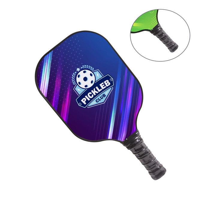 A purple and green fiberglass pickleball paddle with a textured grip and a logo.