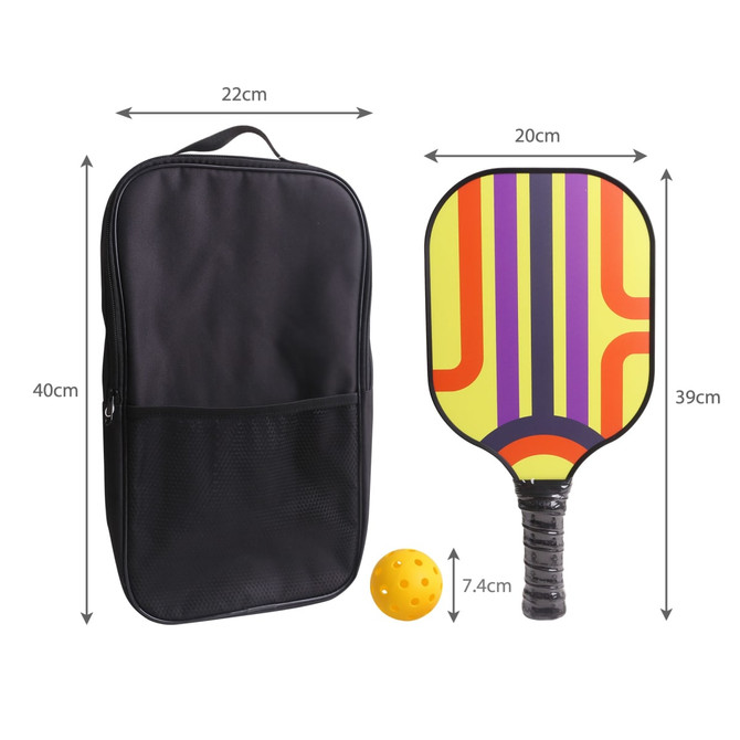 A black carrying bag, a yellow and multi-coloured pickleball paddle, and a yellow pickleball.