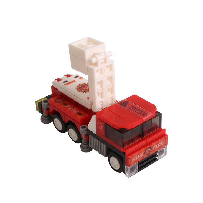 A red and white fire truck building block toy with a movable ladder, featuring wheels and a logo.