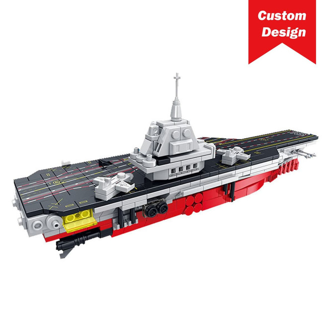 A detailed model of a ship in grey, black, and red, featuring intricate building block design elements.