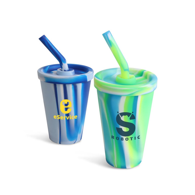 A drink bottle in blue and green swirls with a logo, featuring a matching straw and a removable lid.