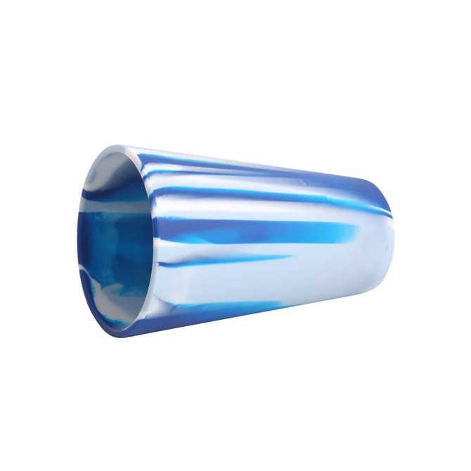 A drink bottle in swirling blue and white colours with a smooth silicone texture and a rounded shape.