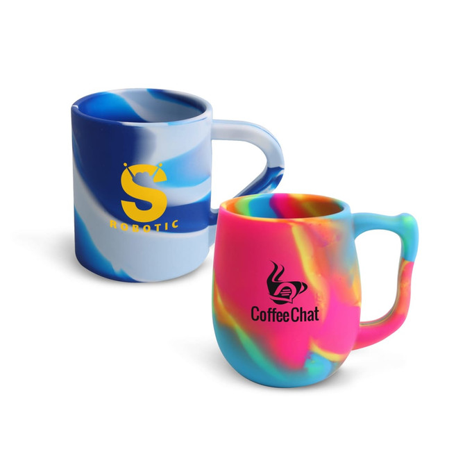 Two custom silicone mugs in vibrant blue and multicoloured designs, each featuring a logo.