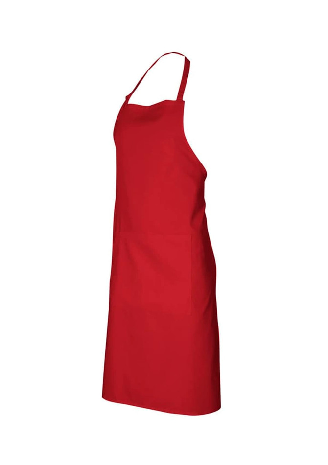 A red bib apron featuring a simple design and a single front pocket. It has an adjustable neck strap and is made for workwear.