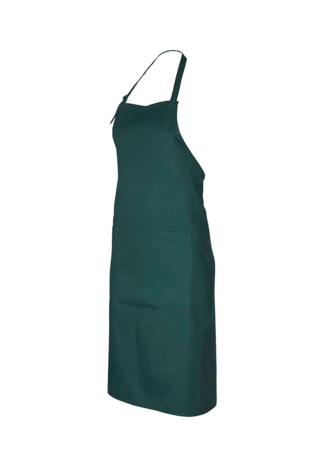 A dark green bib apron with two front pockets and an adjustable neck strap. It features a logo.