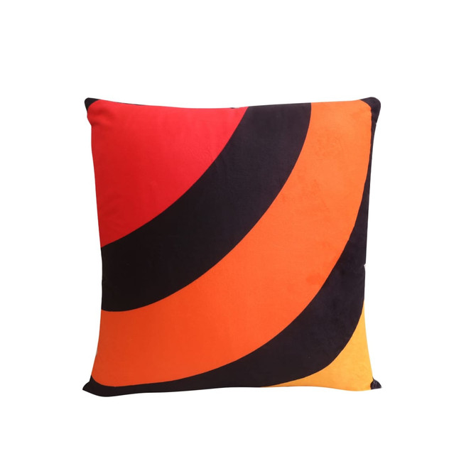A square cushion featuring bold red, orange, black, and yellow swirls with a smooth texture and a logo.