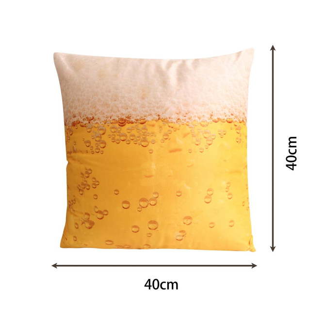 A square cushion featuring a design of frothy beer with a golden yellow colour and bubbles, measuring 40cm x 40cm.