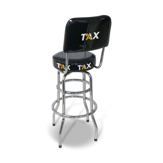 A black bar stool with a backrest and chrome legs, featuring a logo on the seat and back.