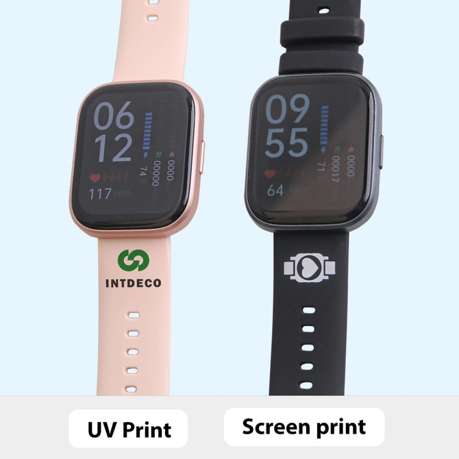 A square smart watch with a rose gold and a black strap, featuring digital display and logos.