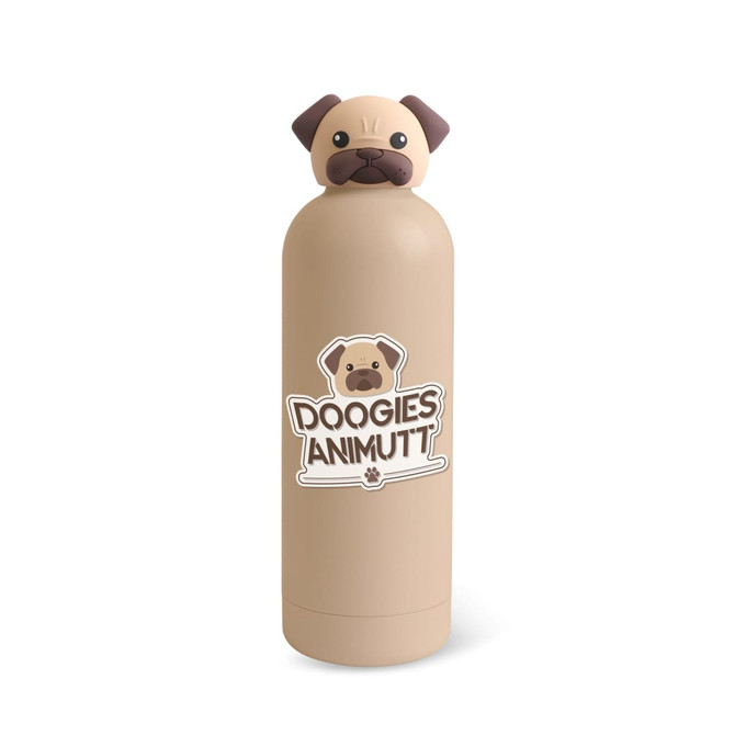 A drink bottle in beige featuring a dog head lid and a logo on the body.