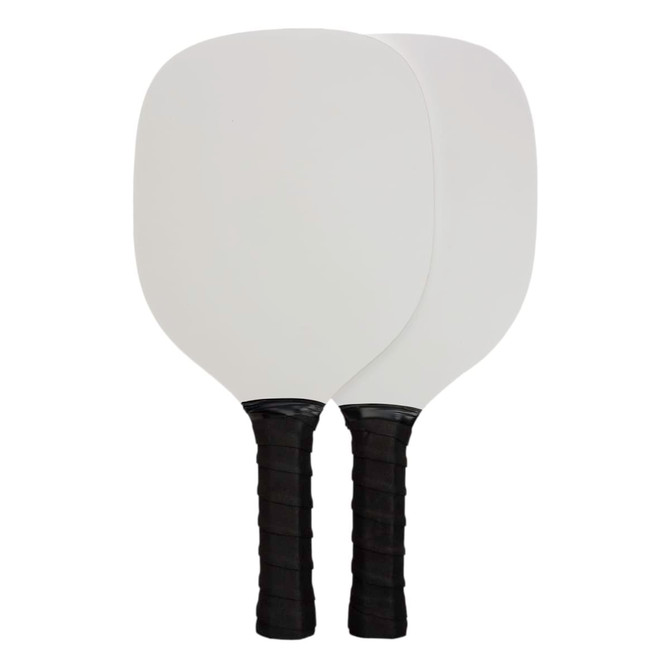 A pickleball set featuring two paddles with black grips and white paddle surfaces.