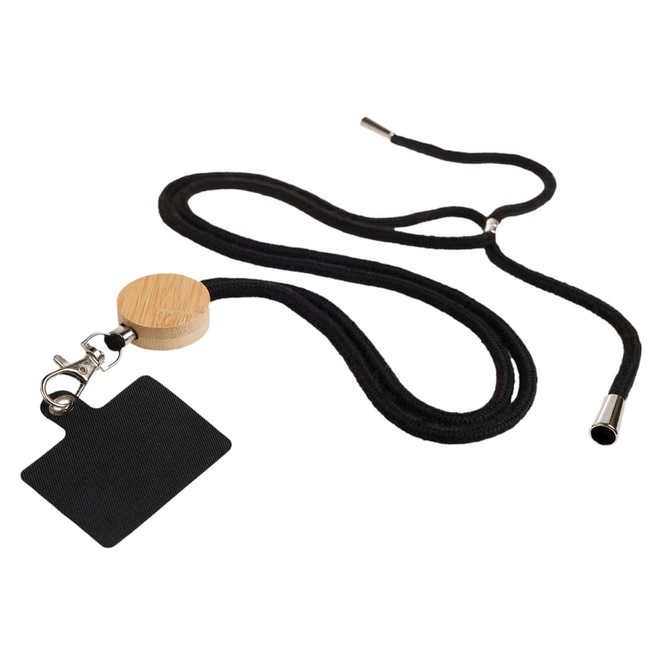 A neck lanyard featuring a wooden clip and a black ID card holder, designed for attaching items securely.