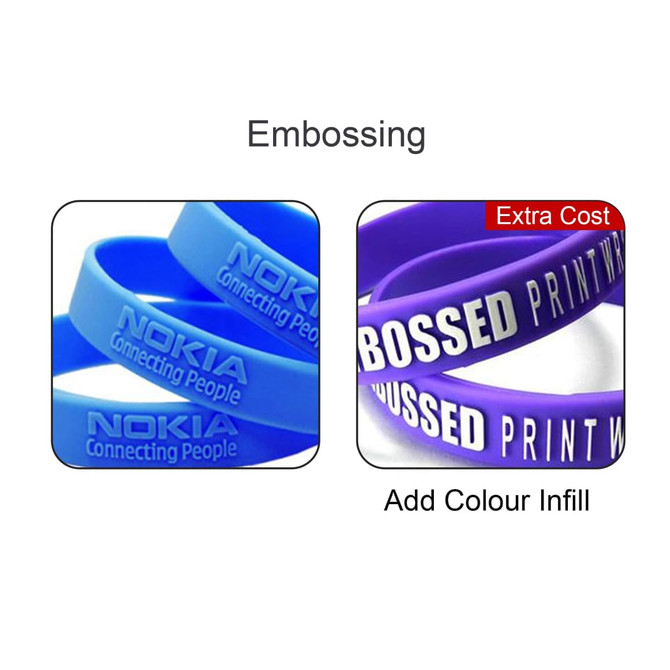 Two silicone key rings in blue and purple, featuring embossed text. Both have distinct branding and colour options.