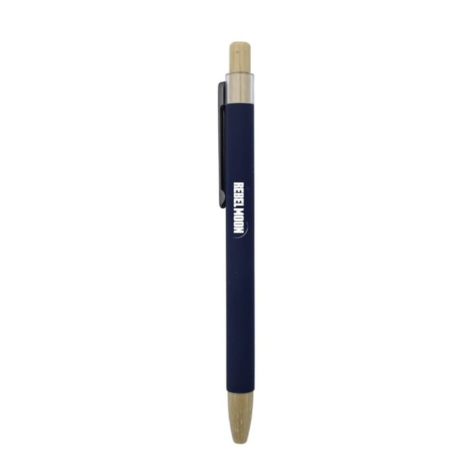 A navy and bamboo click pen with a sleek design and a clip for easy attachment. Features a logo on the barrel.
