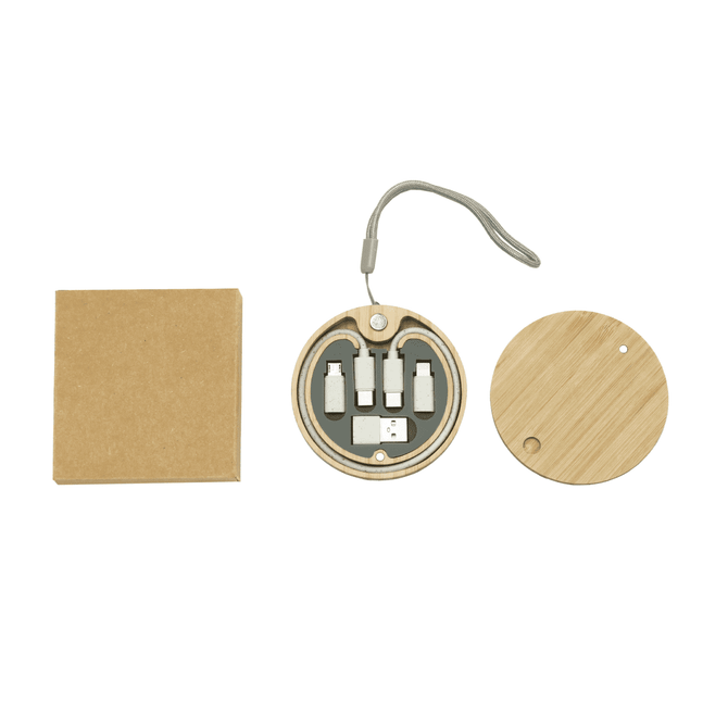 A bamboo circle cable kit featuring various connectors and a storage case, with a beige and natural wood colour scheme.