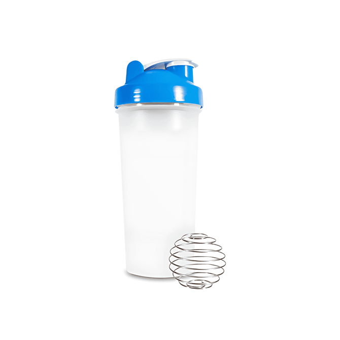 A drink bottle featuring a white body and a blue lid, accompanied by a metal whisk ball.