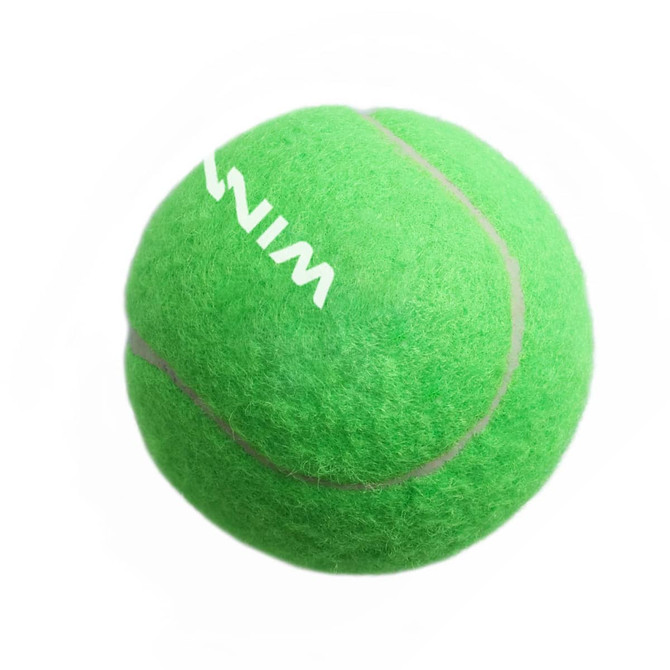 A green tennis ball with a fuzzy texture and grey stripes, featuring a logo.