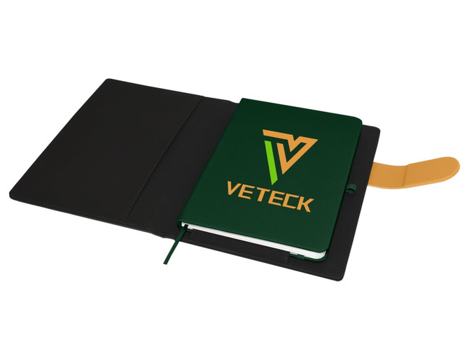 A green Carnival A5 portfolio with a logo, featuring a black cover and a tan elastic band closure.