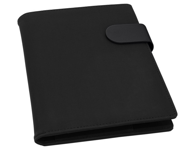 A black A5 portfolio with a smooth finish and a clasp closure. It features a subtle logo on the front.