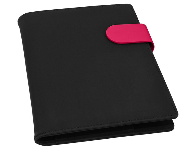 A black A5 portfolio with a bright pink elastic closure, featuring a logo. Ideal for office and business use.