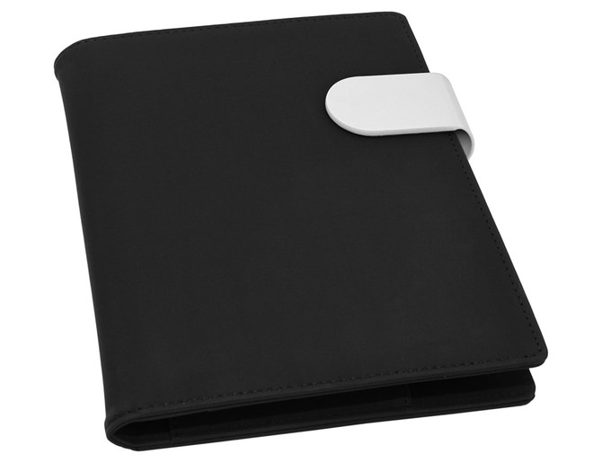 A black A5 portfolio with a white clasp, featuring a smooth exterior and an inner pocket.