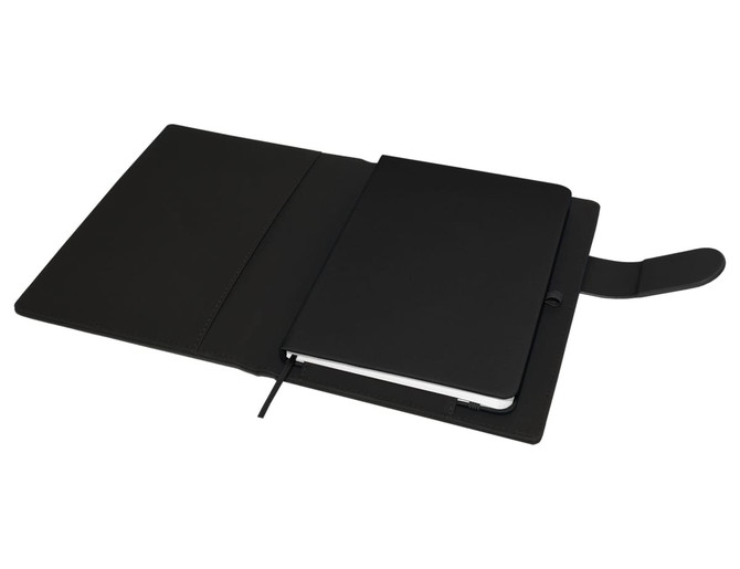 A black Carnival A5 portfolio featuring a notebook and a secure flap closure. It includes a branding logo.