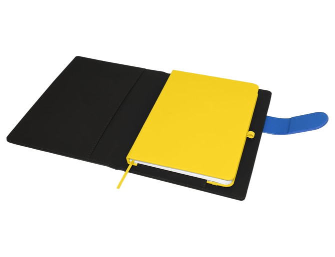 A black portfolio with a bright yellow notebook inside, featuring a blue tab for easy retrieval.