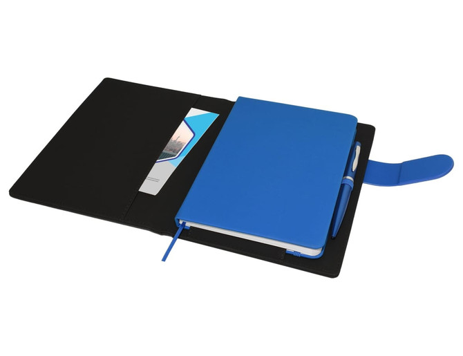 A black portfolio featuring a blue notebook and pen, with an interior pocket for cards.