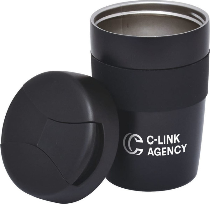 A double wall travel mug in matte black with a matching lid, featuring a logo on the side.
