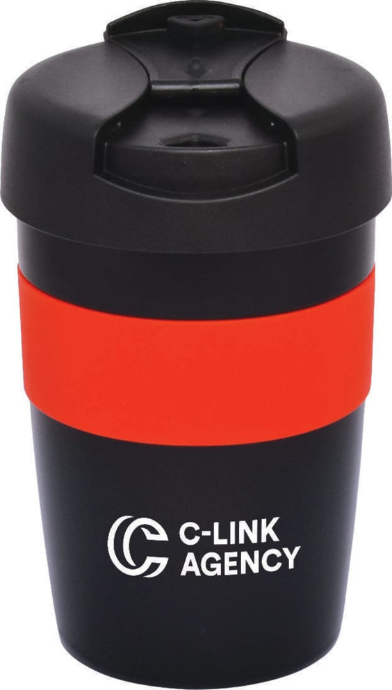 A travel mug featuring a black body with a red band and a lid, displaying a logo on the front.