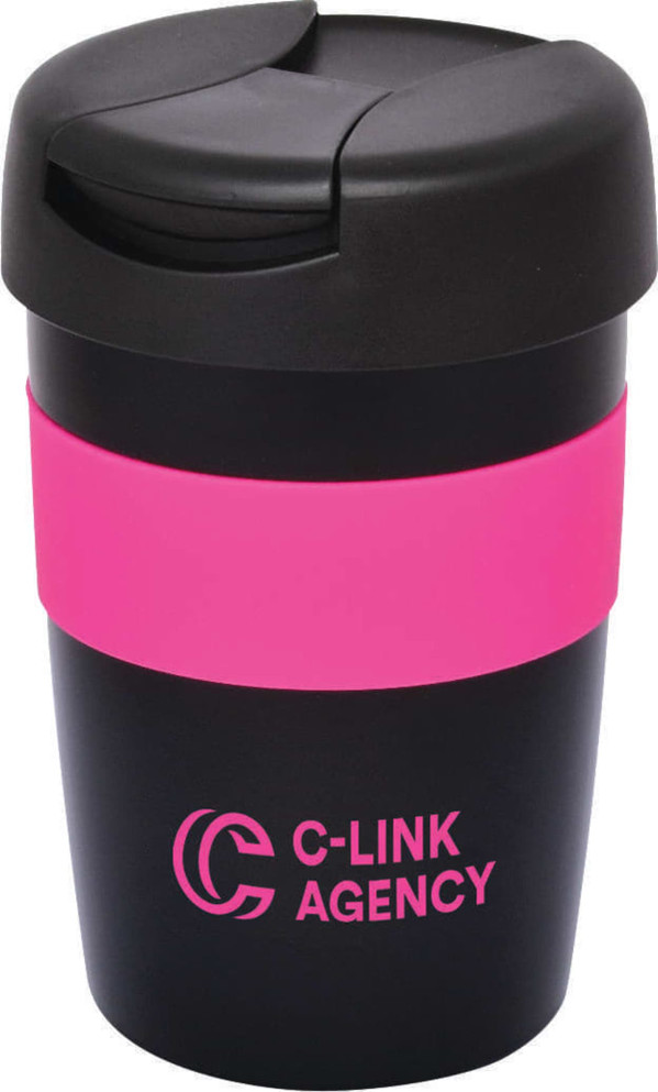 A travel mug featuring a black body with a pink band and a black lid, complete with a logo.