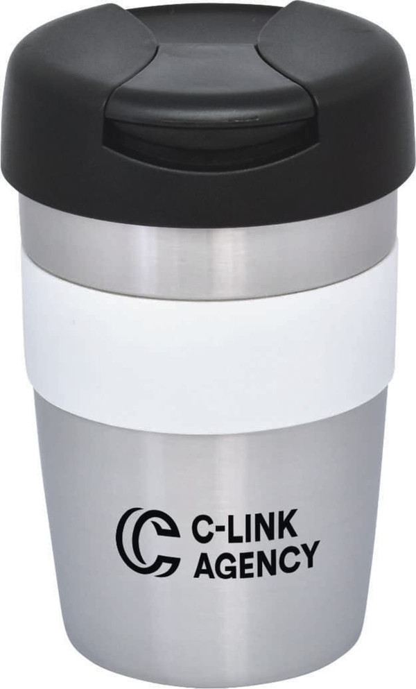 A travel mug with a stainless steel body, black lid, and white silicone band featuring a logo.