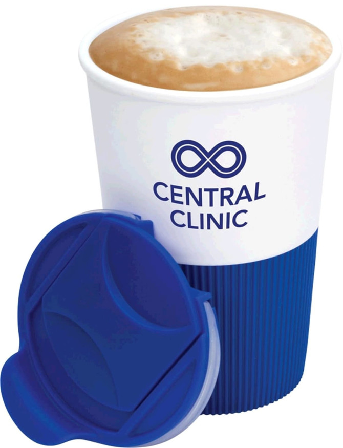 A coffee mug featuring a blue silicone grip and lid, with a white body and a logo on it.