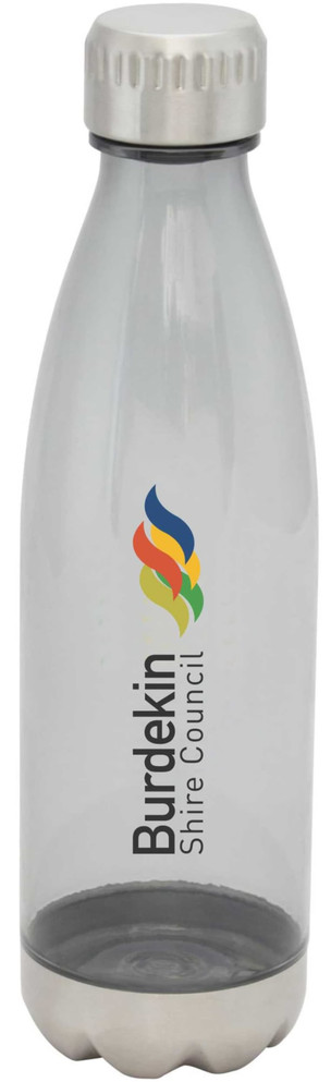 A drink bottle in clear plastic with a silver lid, featuring a logo.