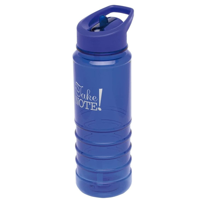 A drink bottle in a vibrant blue colour with a flip-top lid and a branding logo.