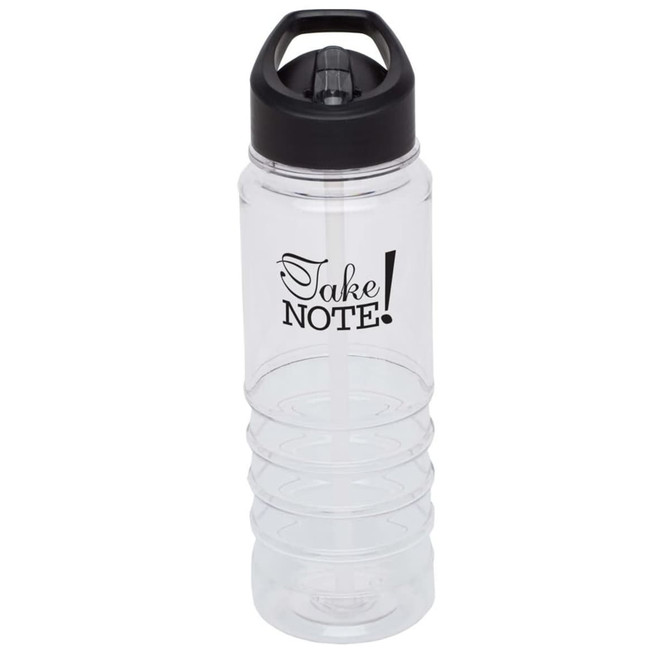 A drink bottle in clear plastic with a black lid and a logo design. Features a straw for easy sipping.