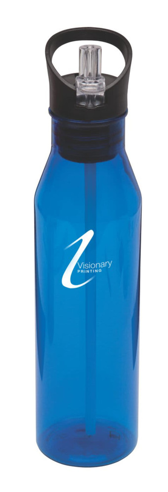 A drink bottle in blue with a clear straw and a black cap, featuring a logo on the side.