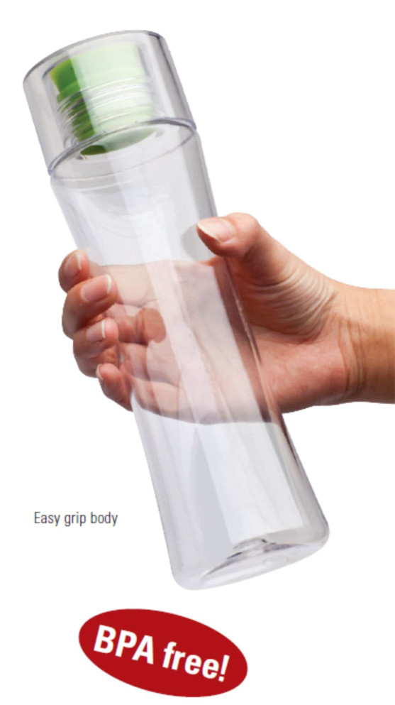 A drink bottle featuring a clear body with a green cap, designed for easy grip. It has a logo but is BPA free.