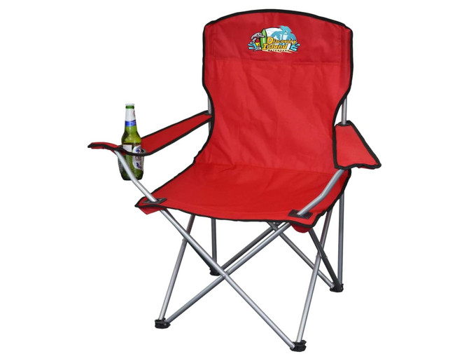 A red folding outdoor chair featuring armrests and a drink holder, with a logo on the backrest.