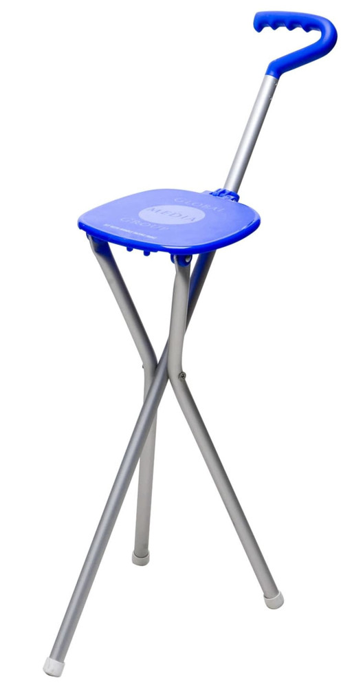 A blue folding seat with a handle, featuring a metallic frame and a compact design. It has a logo on the seat.