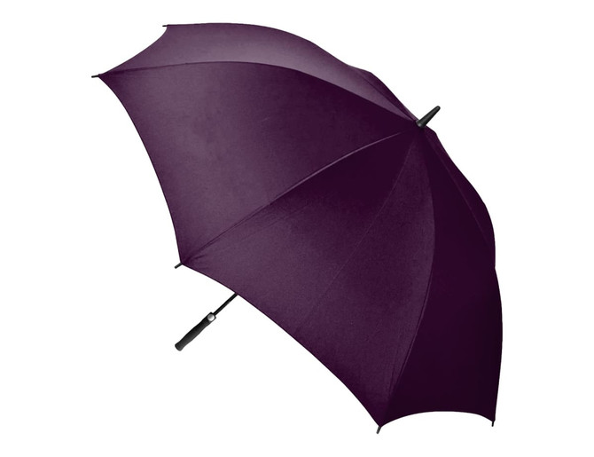 A dark purple auto golf umbrella with a black handle and a logo. Ideal for protection against rain and sun.