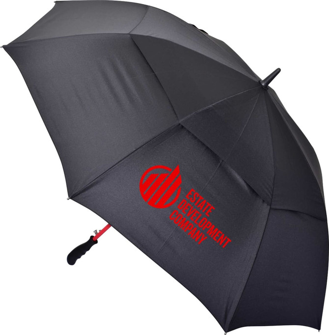 A black auto golf umbrella featuring a curved handle and a logo on one panel.