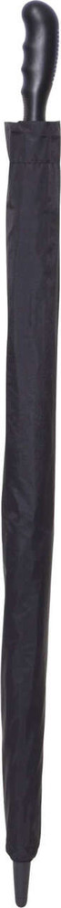 A black golf umbrella featuring a sleek handle and a compact design for easy carrying.