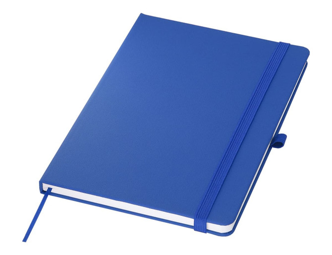 A blue A5 notebook with a textured cover, featuring an elastic band and a ribbon bookmark.