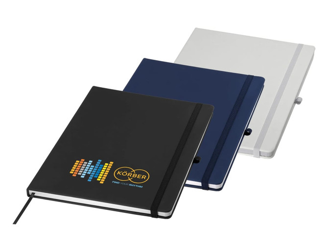 A set of three A4 notebooks in black, navy blue, and grey, each featuring an elastic closure and a logo.