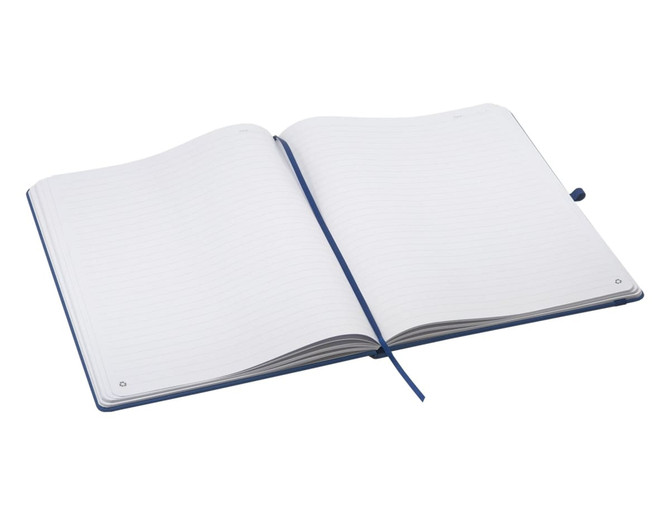 An open A4 notebook featuring lined pages and a blue cover, with a ribbon bookmark.