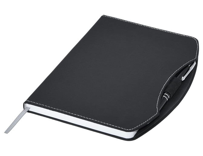 A black A5 notebook with a stitched finish, featuring a pen holder and ribbon marker. It has a logo on the cover.